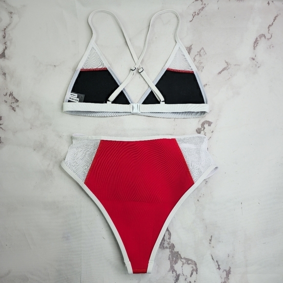 Hoaka Swim Bathing Suit Womens Medium Two Piece Bikini Neoprene Red White Mesh - Picture 6 of 16